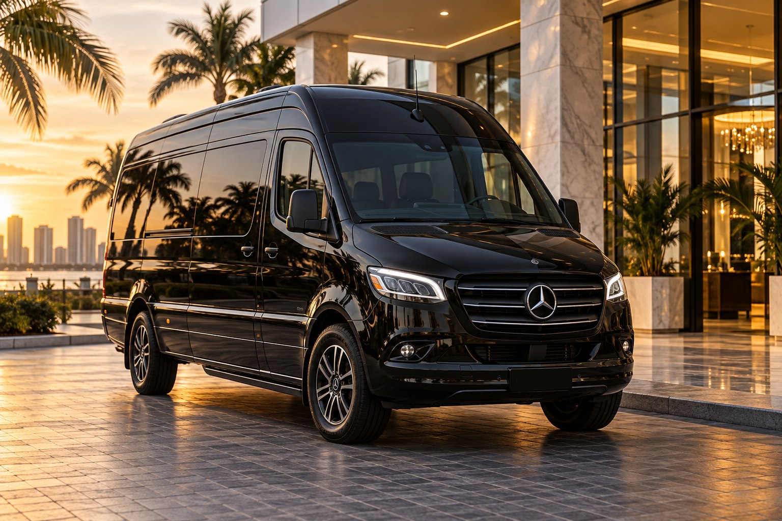 Black Mercedes-Benz Executive Sprinter class example at a Miami hotel